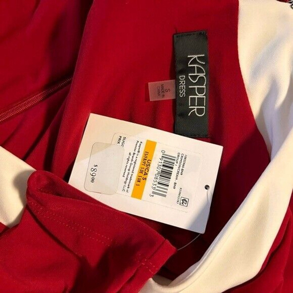 Kasper Sheath Dress Long Sleeve Color Block Faux Wrap Mid-Length Red & White NWT - Picture 6 of 9